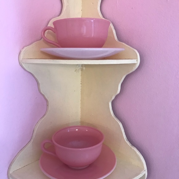 2 Vintage Hazel Atlas Moderntone Platonite Coffee Tea Cups & Saucers Pink - Picture 2 of 6